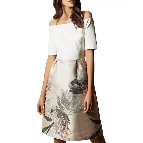 TED BAKER Women's Cathiey Woodland Off-the-Shoulder Jacquard Dress Size 3 - Picture 1 of 13
